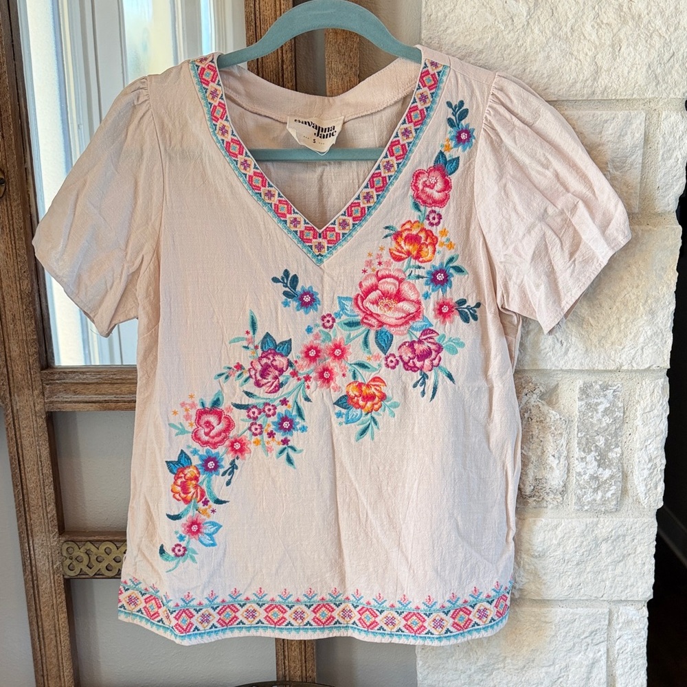 Savanna Jane Floral Embroidered Blouse in Pink and Blue
